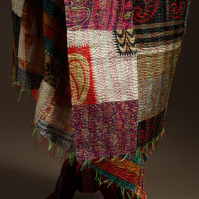 Multicolor - Bengal Hand Embroidery Patchwork Reversible Silk Kantha Dupatta 100