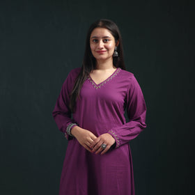 Purple - plain banana fiber soft cotton bead work a-line kurta with palazzo set for women