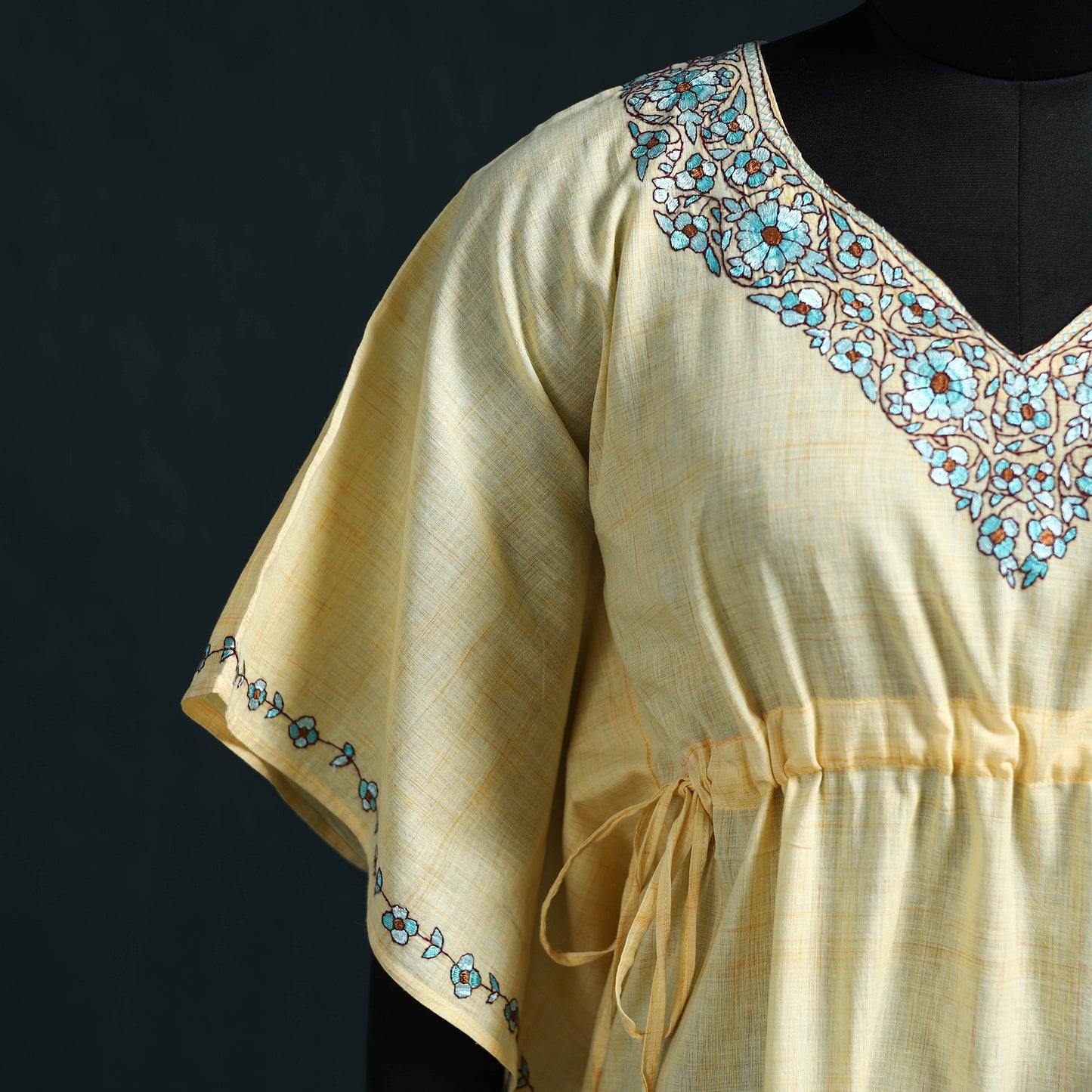 Yellow - Kashmiri Kashida Hand Embroidered Cotton Kaftan (Long) 42