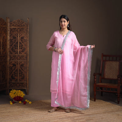 Sequin Work Plain Kota Doria Cotton Suit Set with Lace Work Dupatta for Women 12