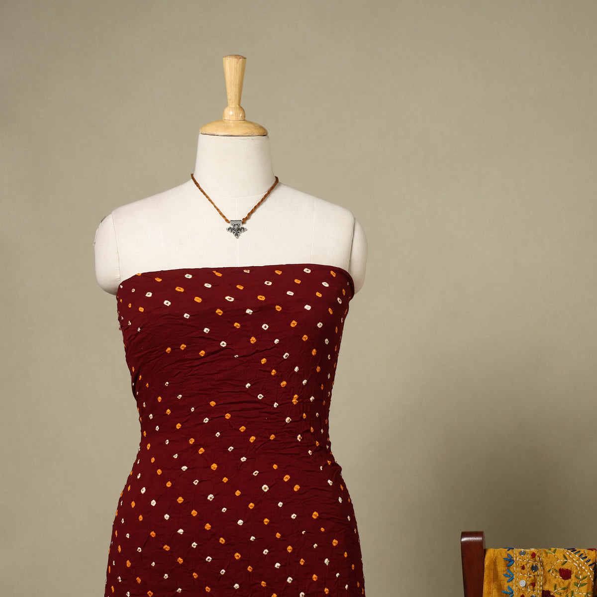 Maroon 2pc Unstitched Bandhani Dress Material with Jewellery Set