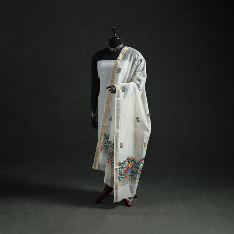 White - Handloom Chanderi Silk Handpainted Madhubani Dupatta with Zari Border 01