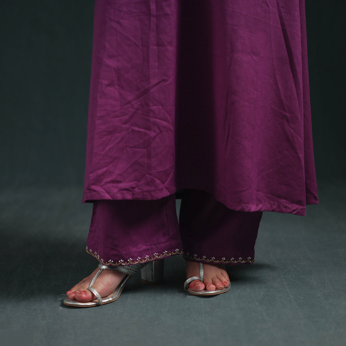 Purple - plain banana fiber soft cotton bead work a-line kurta with palazzo set for women