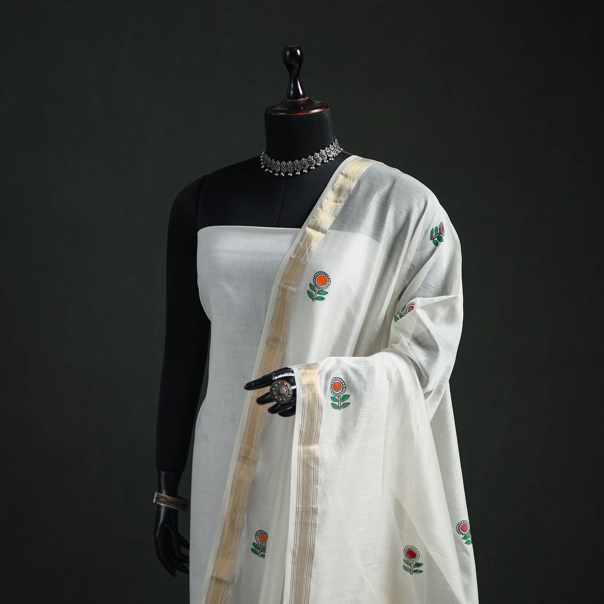 Handloom Chanderi Silk Handpainted Madhubani Dupatta with Zari Border 01