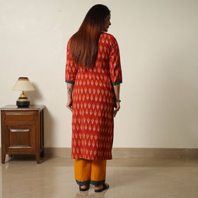 Red - Pochampally Ikat Weave Cotton Kurta with Palazzo & Dupatta Set 03