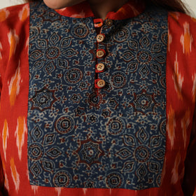 Red - Pochampally Ikat Weave Cotton Kurta with Palazzo & Dupatta Set 03