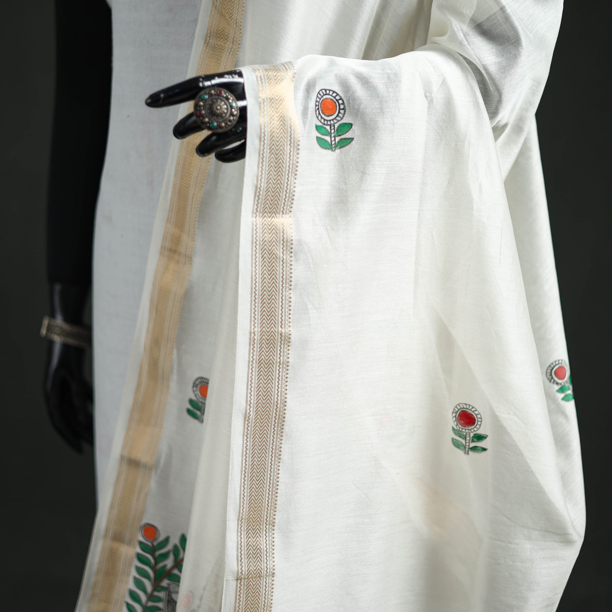 Handloom Chanderi Silk Handpainted Madhubani Dupatta with Zari Border 01
