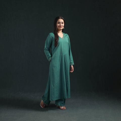 Green - plain banana fiber soft cotton bead work a-line kurta with palazzo set for women