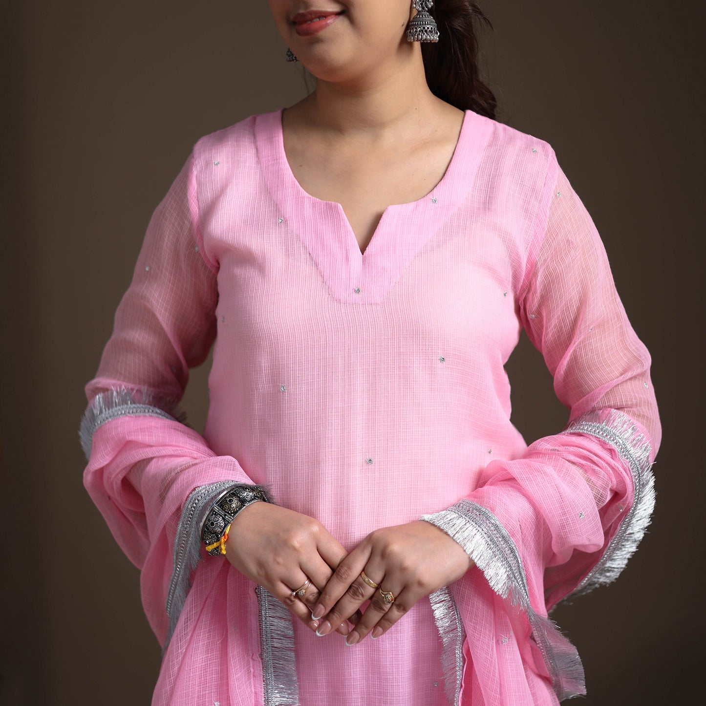 Sequin Work Plain Kota Doria Cotton Suit Set with Lace Work Dupatta for Women 12
