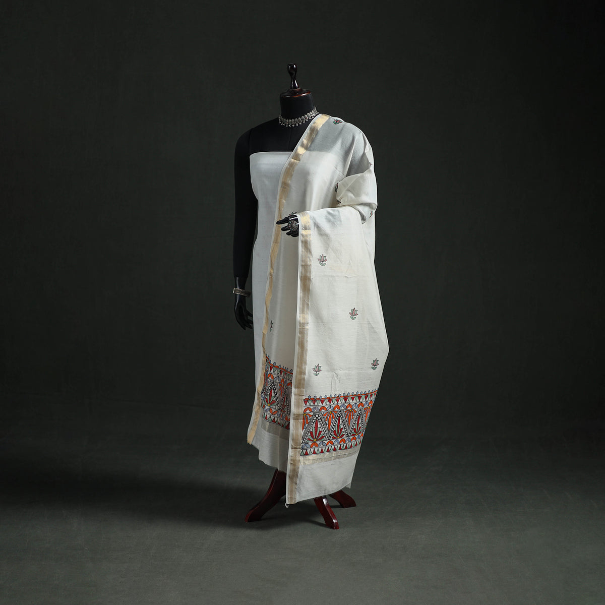Handloom Chanderi Silk Handpainted Madhubani Dupatta with Zari Border 02