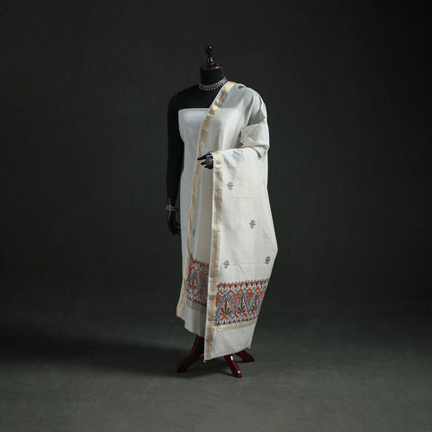 White - Handloom Chanderi Silk Handpainted Madhubani Dupatta with Zari Border 02