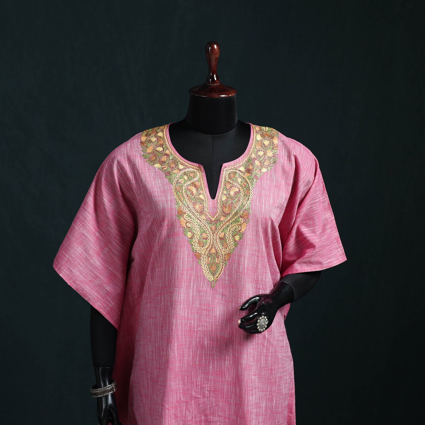 Pink - Kashmiri Aari Hand Embroidered Cotton Kaftan (Long) 43