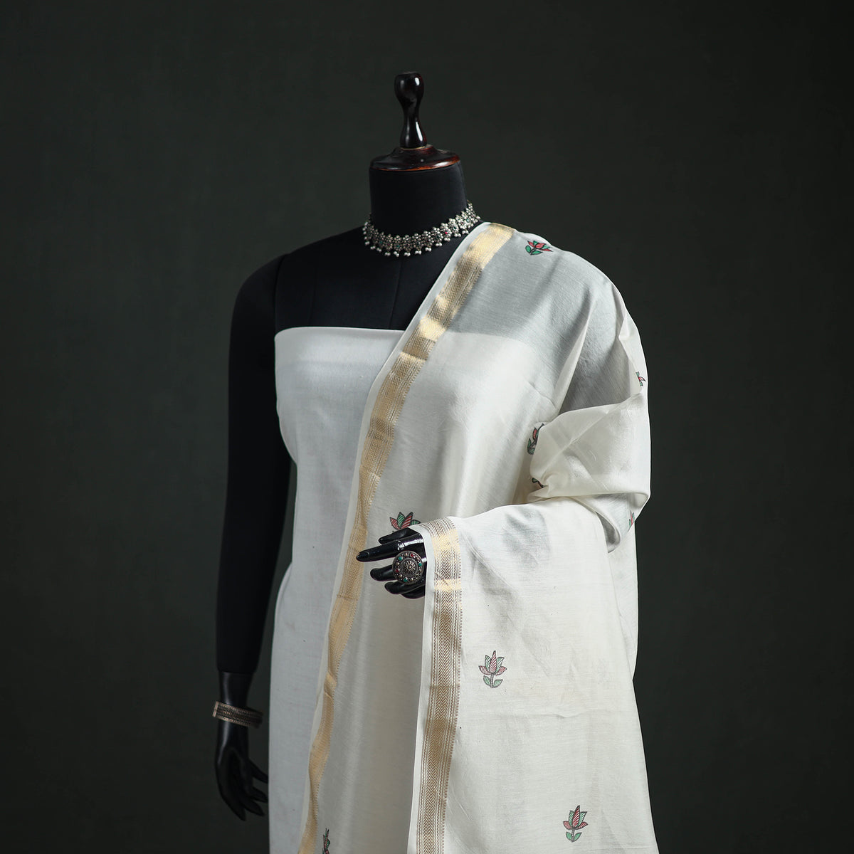 Handloom Chanderi Silk Handpainted Madhubani Dupatta with Zari Border 02