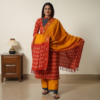 Red - Pochampally Ikat Weave Cotton Kurta with Palazzo & Dupatta Set 03