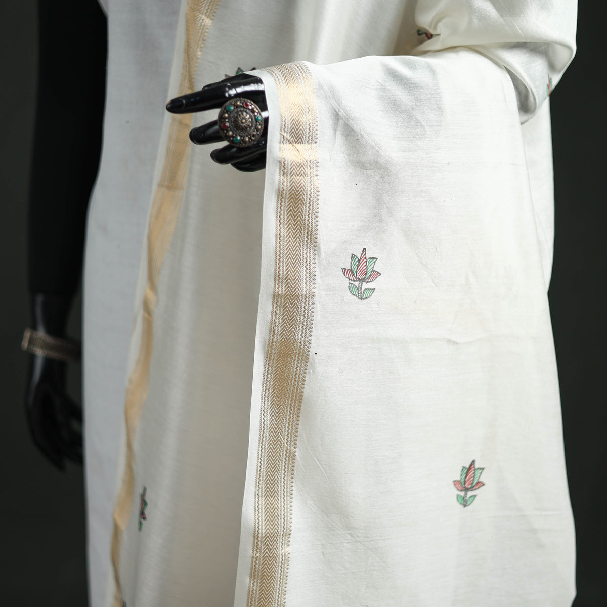 Handloom Chanderi Silk Handpainted Madhubani Dupatta with Zari Border 02
