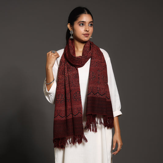 Red - Kutch Traditional Ajrakh Block Printed Handwoven Pure Wool Stole