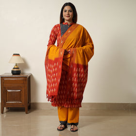 Red - Pochampally Ikat Weave Cotton Kurta with Palazzo & Dupatta Set 03