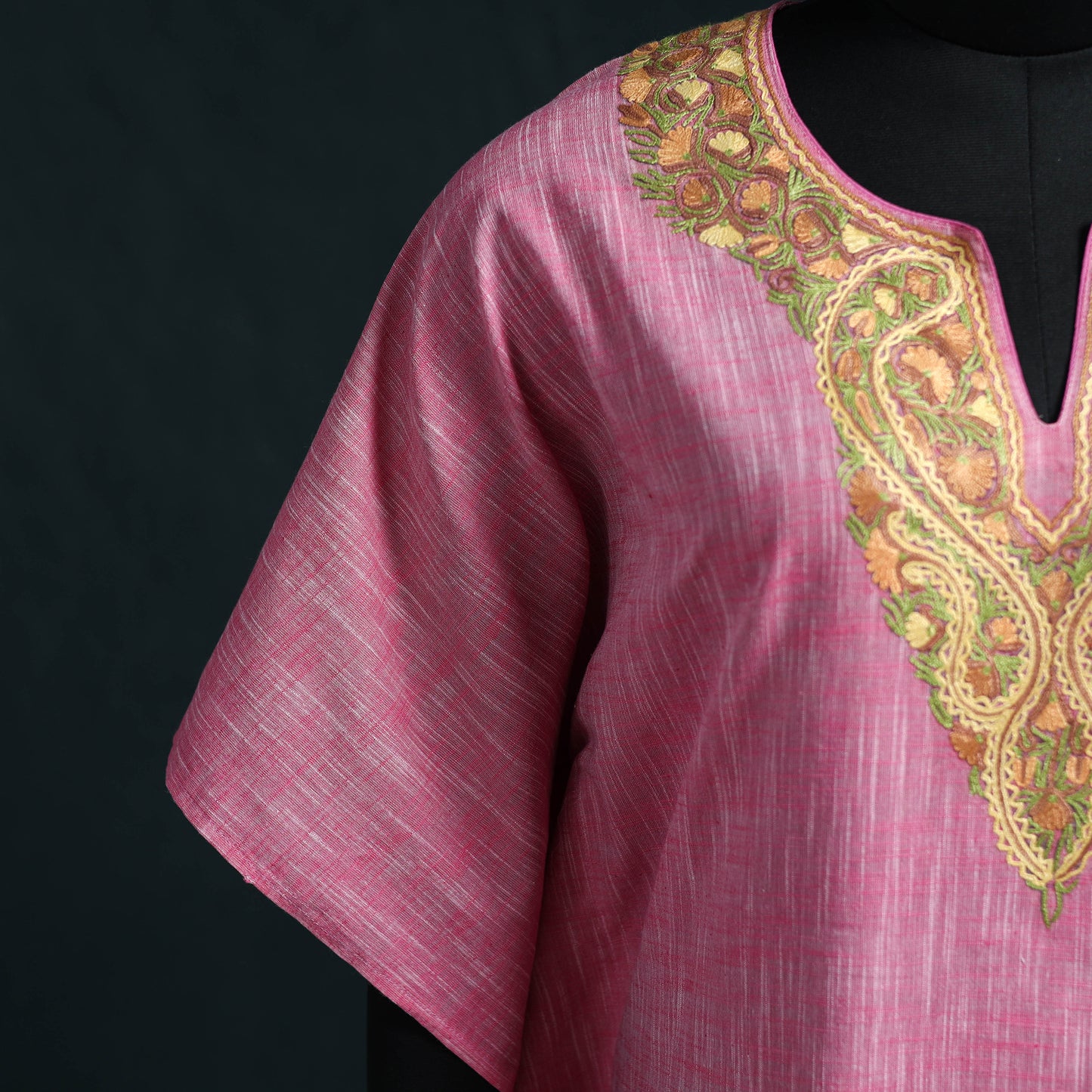 Pink - Kashmiri Aari Hand Embroidered Cotton Kaftan (Long) 43