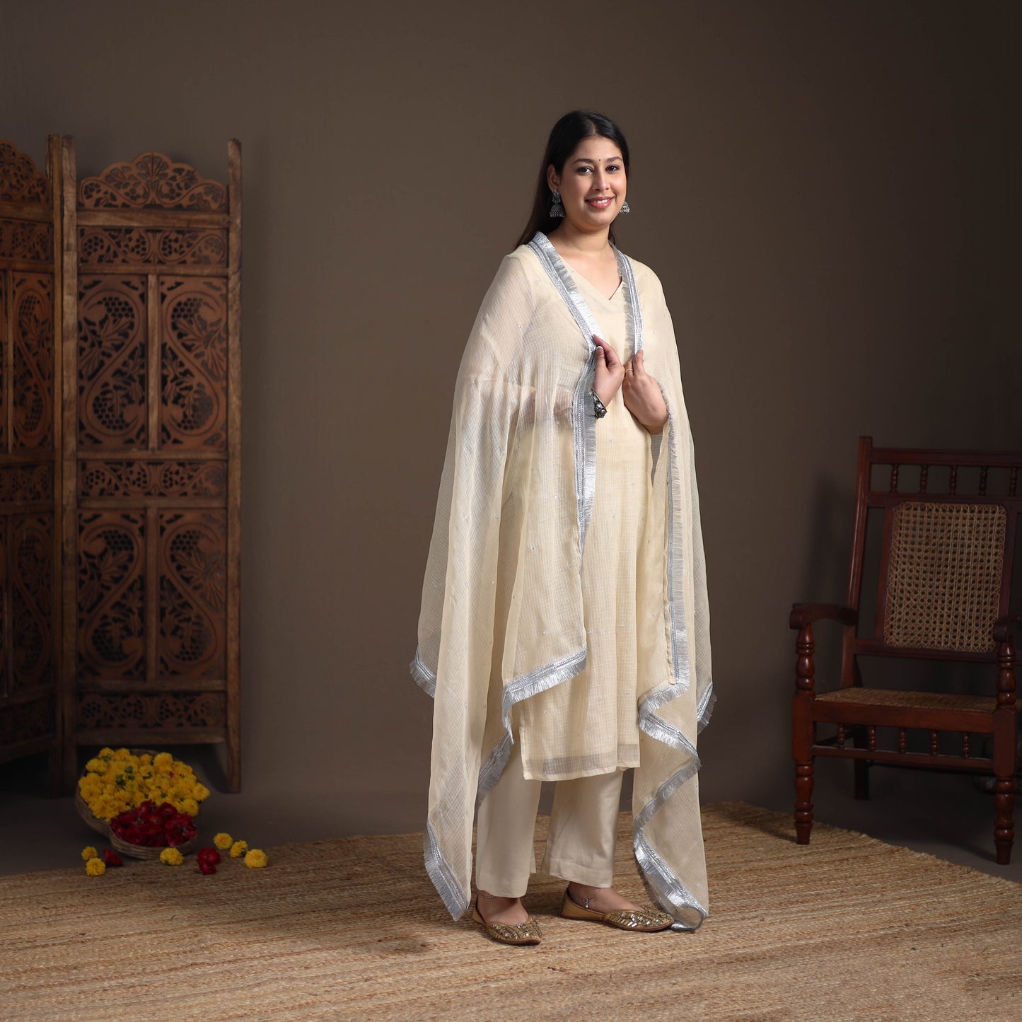 Sequin Work Plain Kota Doria Cotton Suit Set with Lace Work Dupatta for Women 09