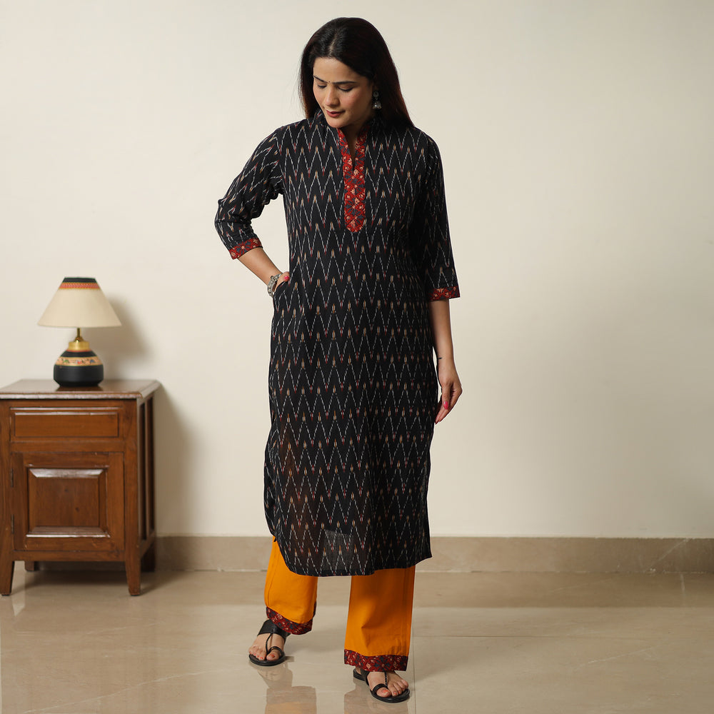 Black - Pochampally Ikat Weave Cotton Kurta with Palazzo & Dupatta Set 07