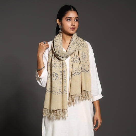Beige - Kutch Traditional Ajrakh Block Printed Handwoven Pure Wool Stole