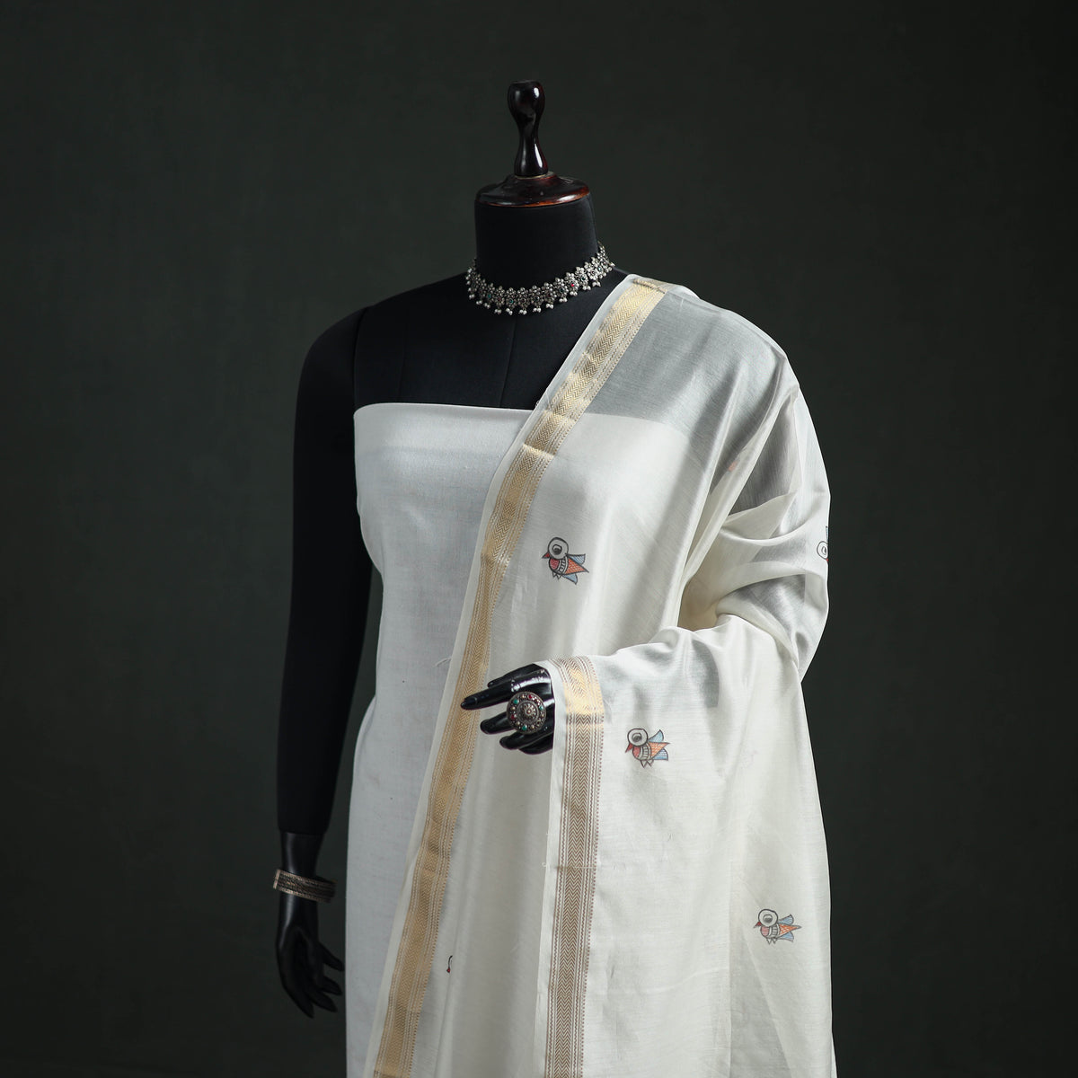 Handloom Chanderi Silk Handpainted Madhubani Dupatta with Zari Border 03