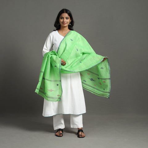 Green - Handloom Cotton Weaving Manipuri Dupatta 01