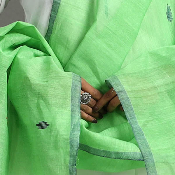 Green - Handloom Cotton Weaving Manipuri Dupatta 01