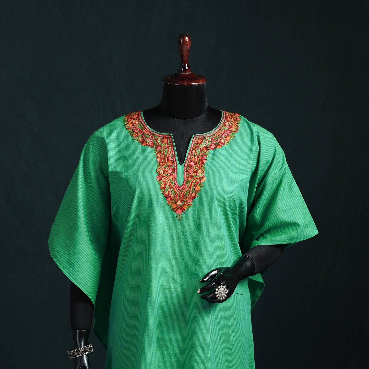 Green - Kashmiri Aari Hand Embroidered Cotton Kaftan (Long) 44