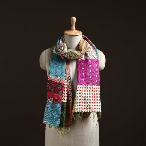 Patchwork Reversible Silk Bengal Hand Kantha Stitch Stole 02
