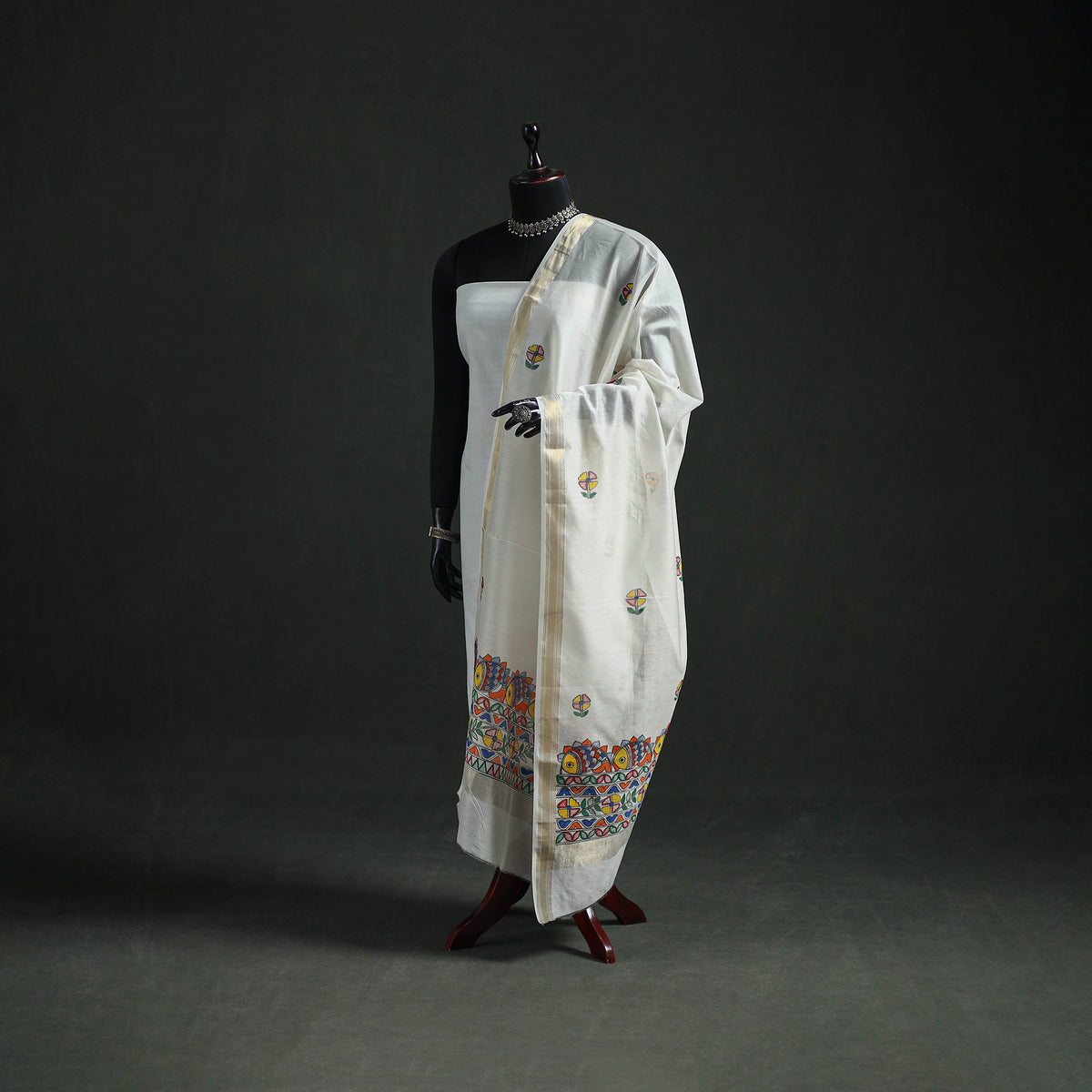 Handloom Chanderi Silk Handpainted Madhubani Dupatta with Zari Border 04