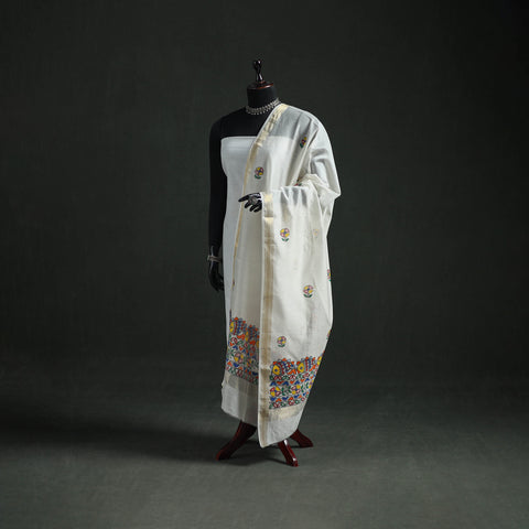 White - Handloom Chanderi Silk Handpainted Madhubani Dupatta with Zari Border 04