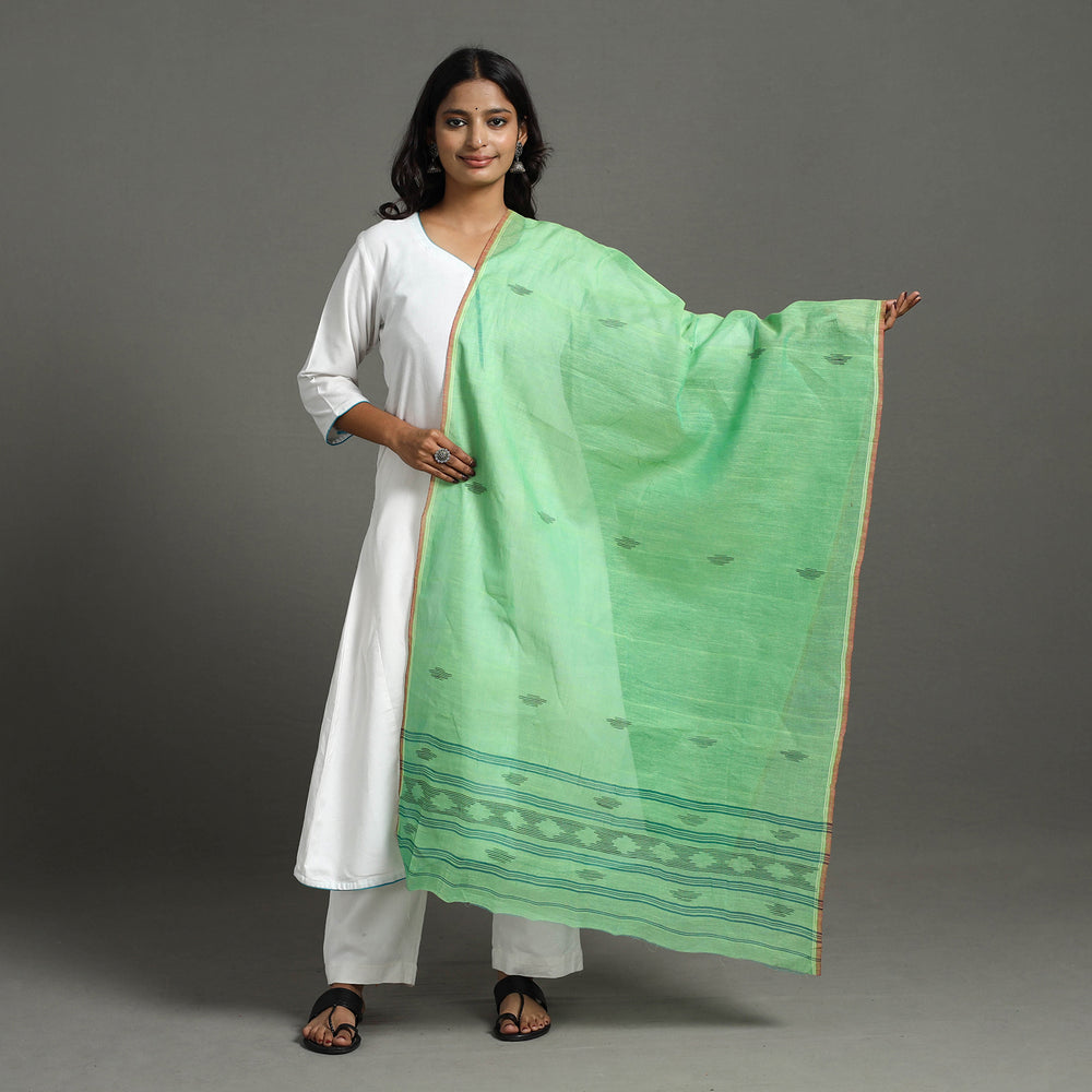 Green - Handloom Cotton Weaving Manipuri Dupatta 02