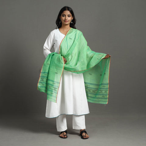 Green - Handloom Cotton Weaving Manipuri Dupatta 02