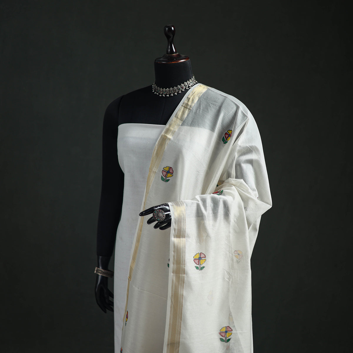 Handloom Chanderi Silk Handpainted Madhubani Dupatta with Zari Border 04