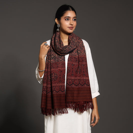 Maroon - Kutch Traditional Ajrakh Block Printed Handwoven Pure Wool Stole