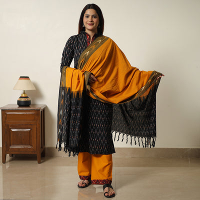 Black - Pochampally Ikat Weave Cotton Kurta with Palazzo & Dupatta Set 07