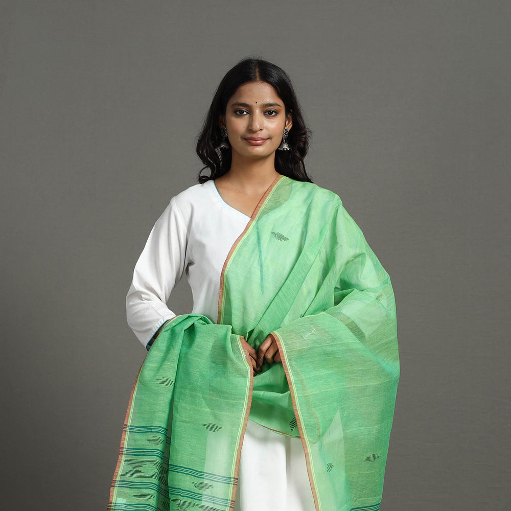 Green - Handloom Cotton Weaving Manipuri Dupatta 02