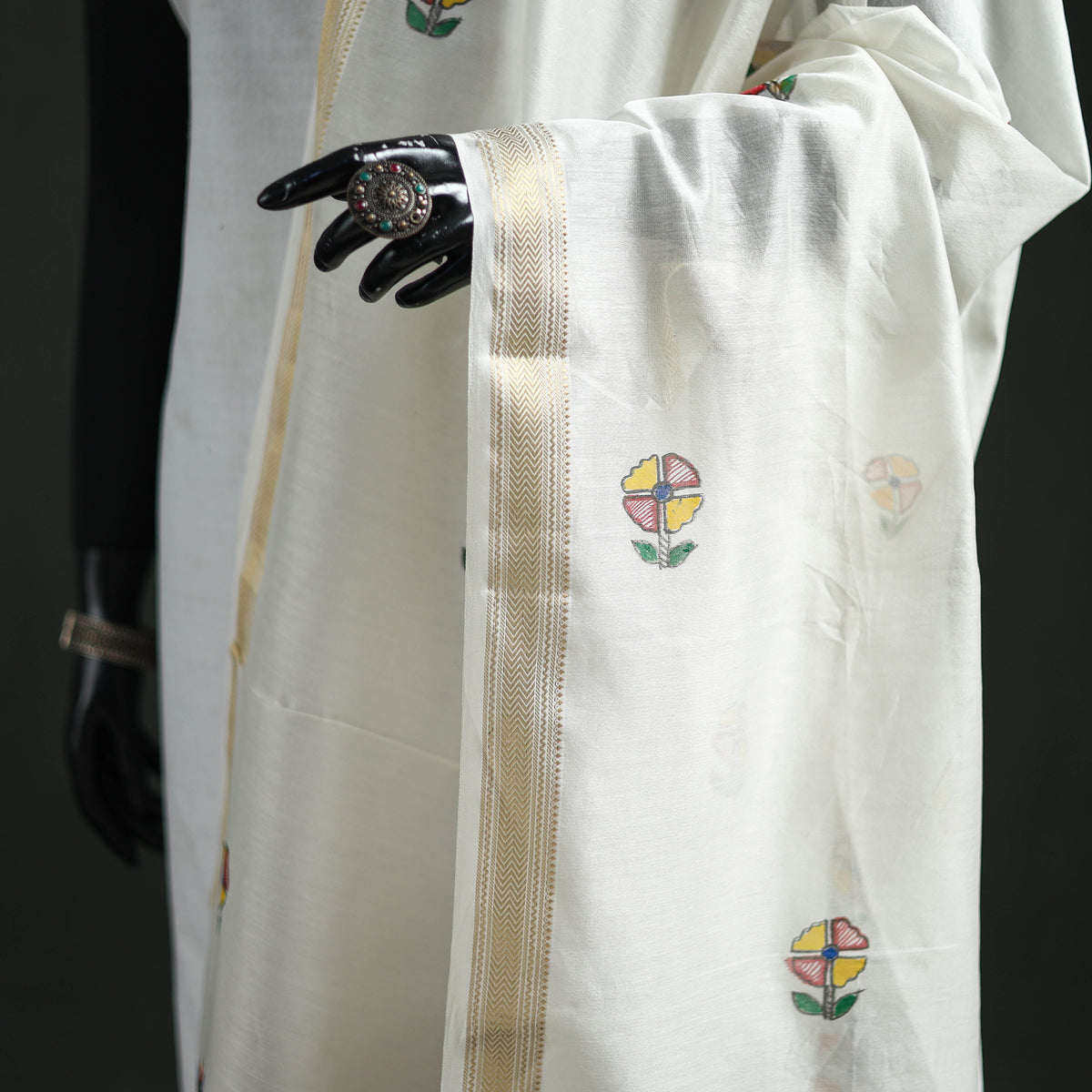 Handloom Chanderi Silk Handpainted Madhubani Dupatta with Zari Border 04