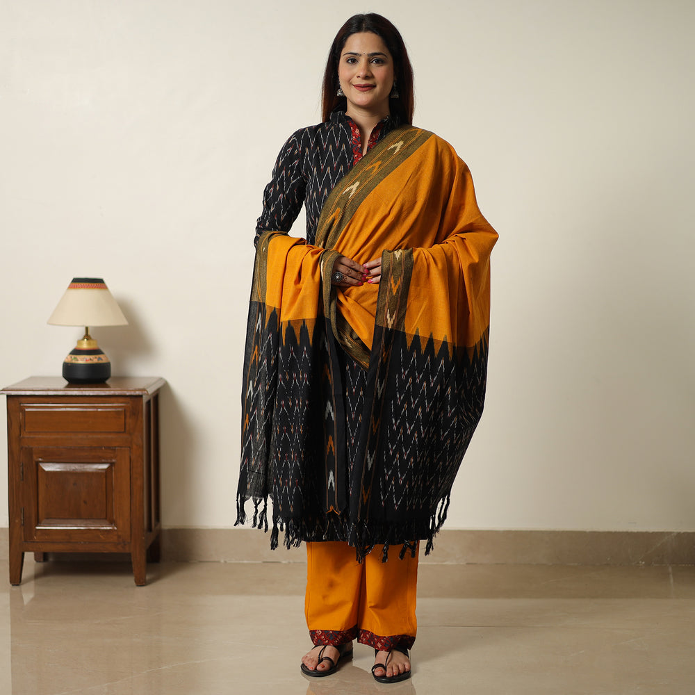 Black - Pochampally Ikat Weave Cotton Kurta with Palazzo & Dupatta Set 07