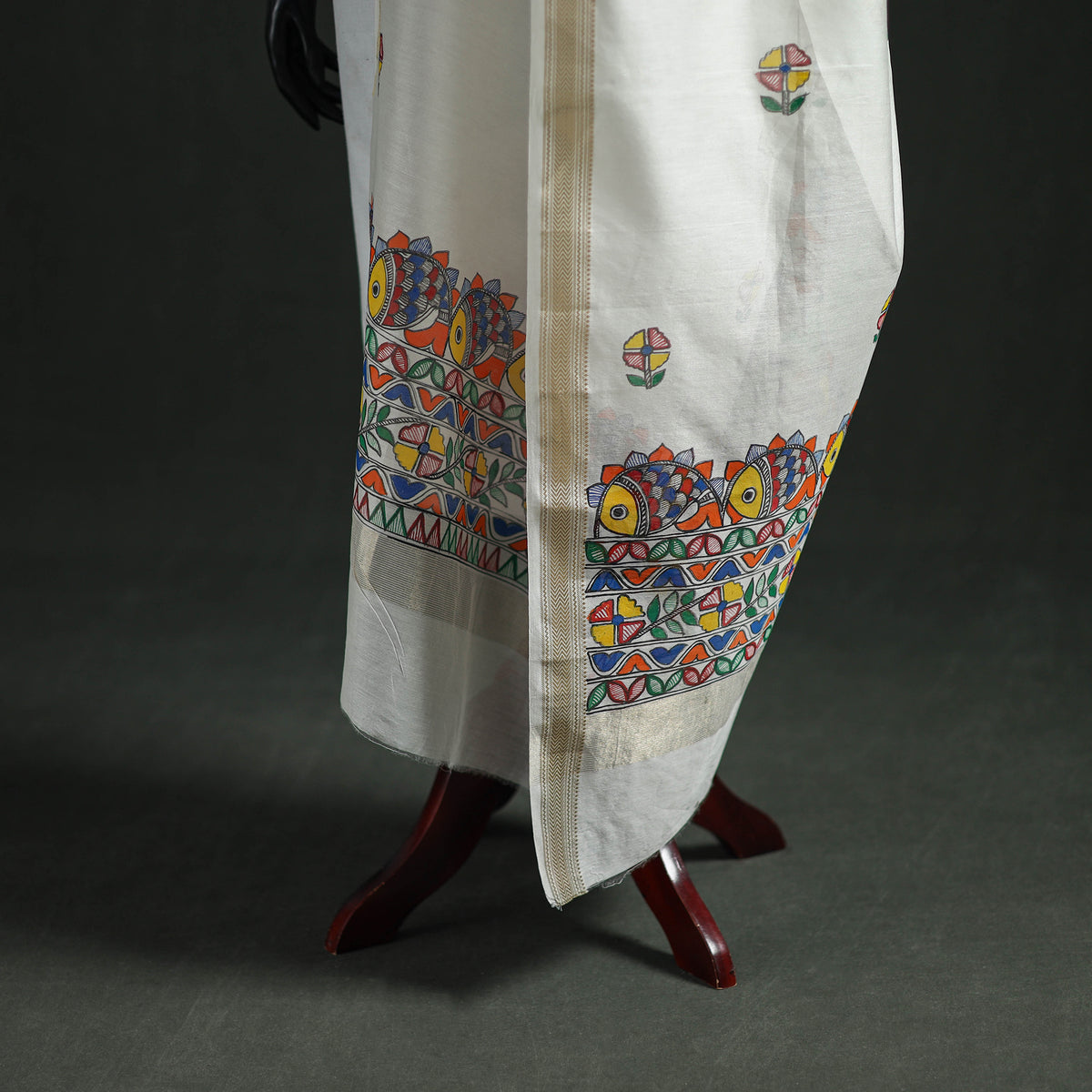 Handloom Chanderi Silk Handpainted Madhubani Dupatta with Zari Border 04