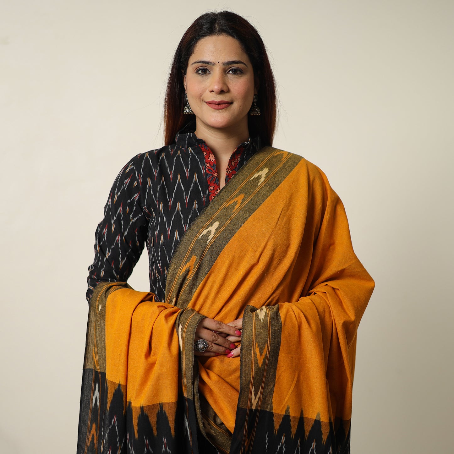 Black - Pochampally Ikat Weave Cotton Kurta with Palazzo & Dupatta Set 07