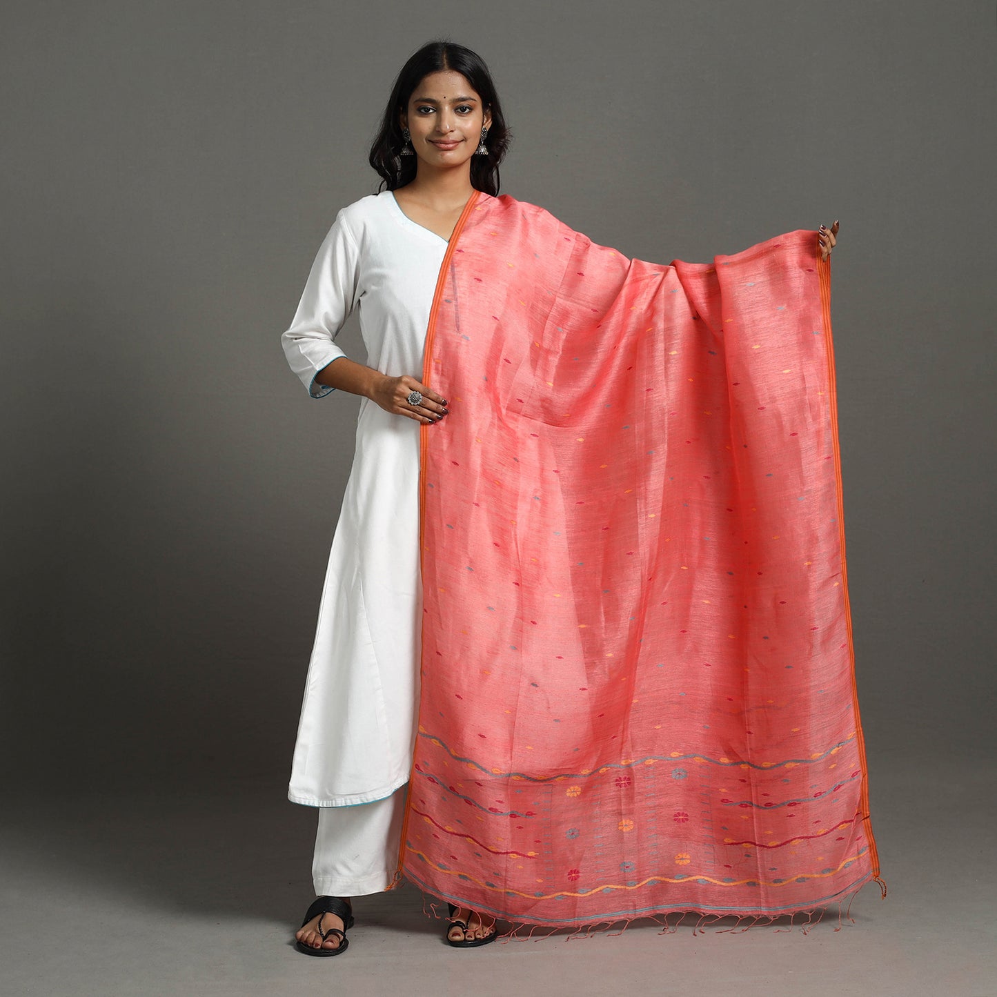 Peach - Bengal Tussar Silk Handloom Dupatta with Tassels 03