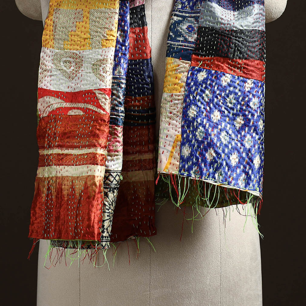 Multicolor - Patchwork Reversible Silk Bengal Hand Kantha Stitch Stole 07