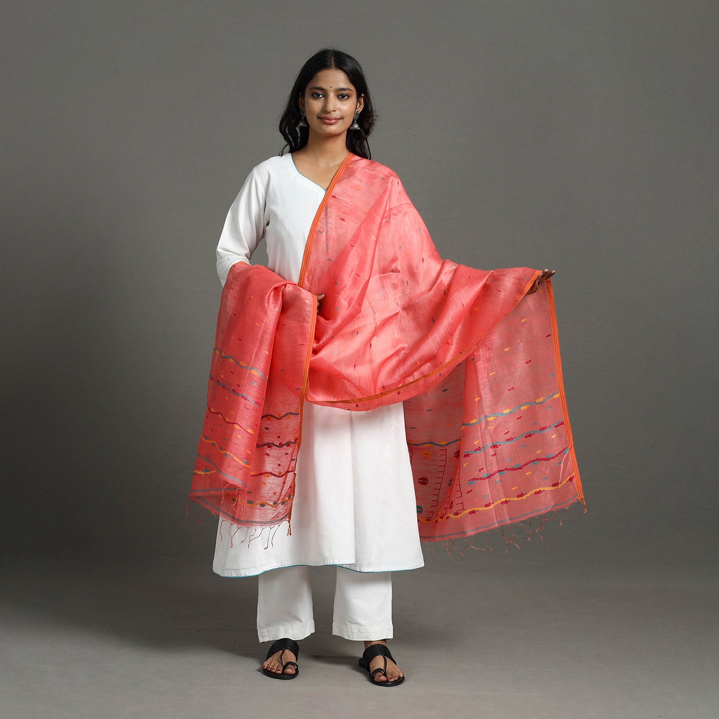 Peach - Bengal Tussar Silk Handloom Dupatta with Tassels 03