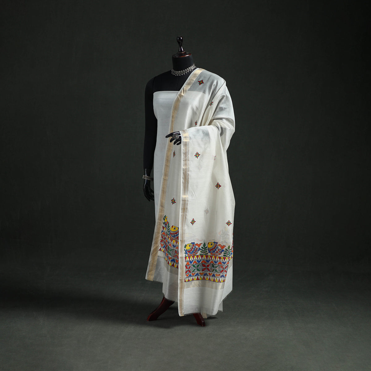 Handloom Chanderi Silk Handpainted Madhubani Dupatta with Zari Border 05
