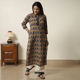 Multicolor - Pochampally Ikat Weave Cotton Kurta with Palazzo & Dupatta Set 06