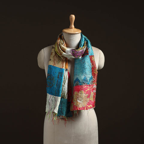 Patchwork Reversible Silk Bengal Hand Kantha Stitch Stole 09