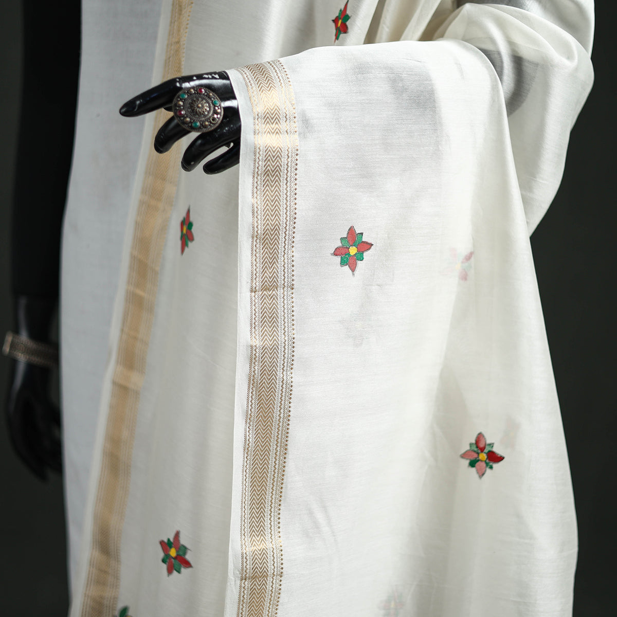 Handloom Chanderi Silk Handpainted Madhubani Dupatta with Zari Border 05