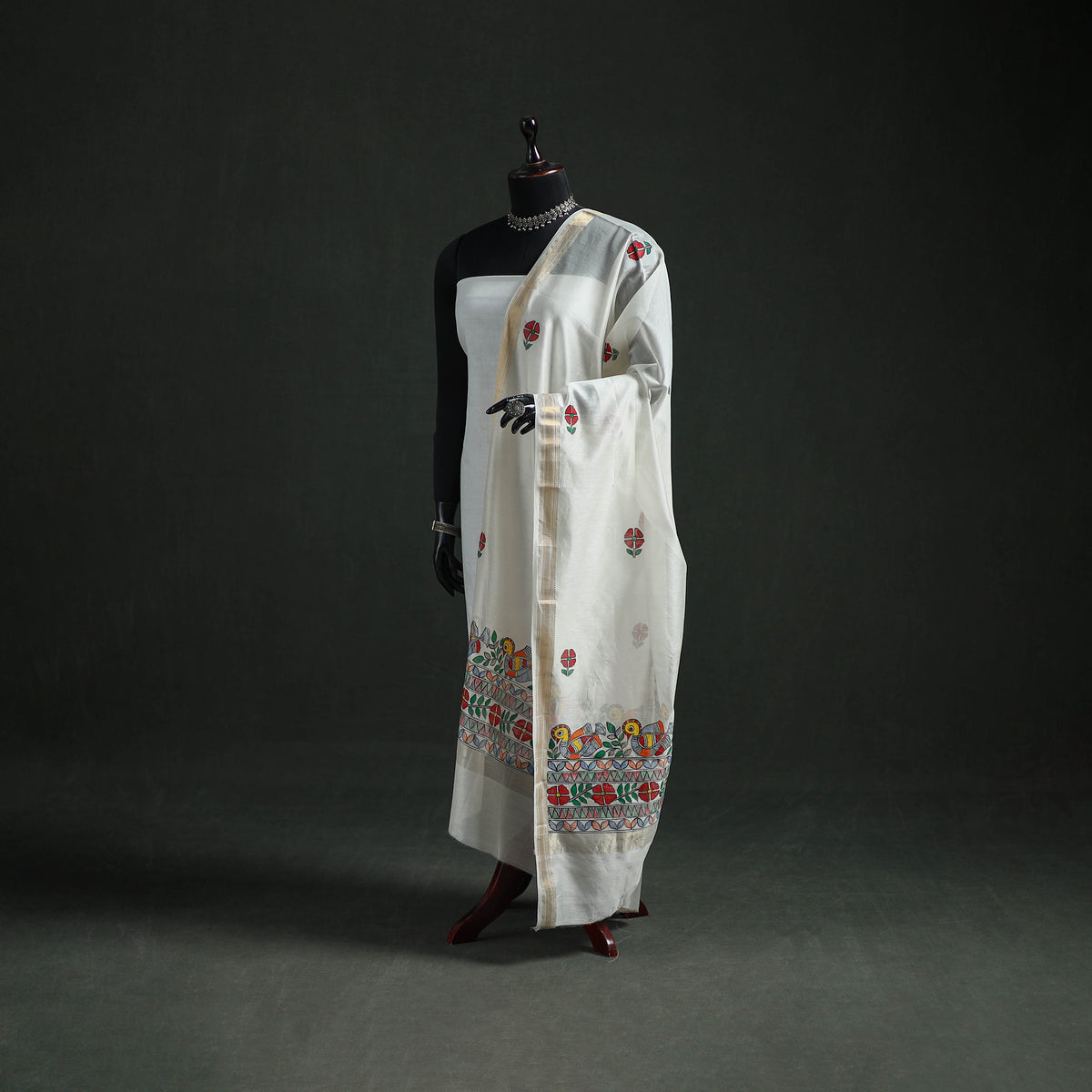 Handloom Chanderi Silk Handpainted Madhubani Dupatta with Zari Border 06